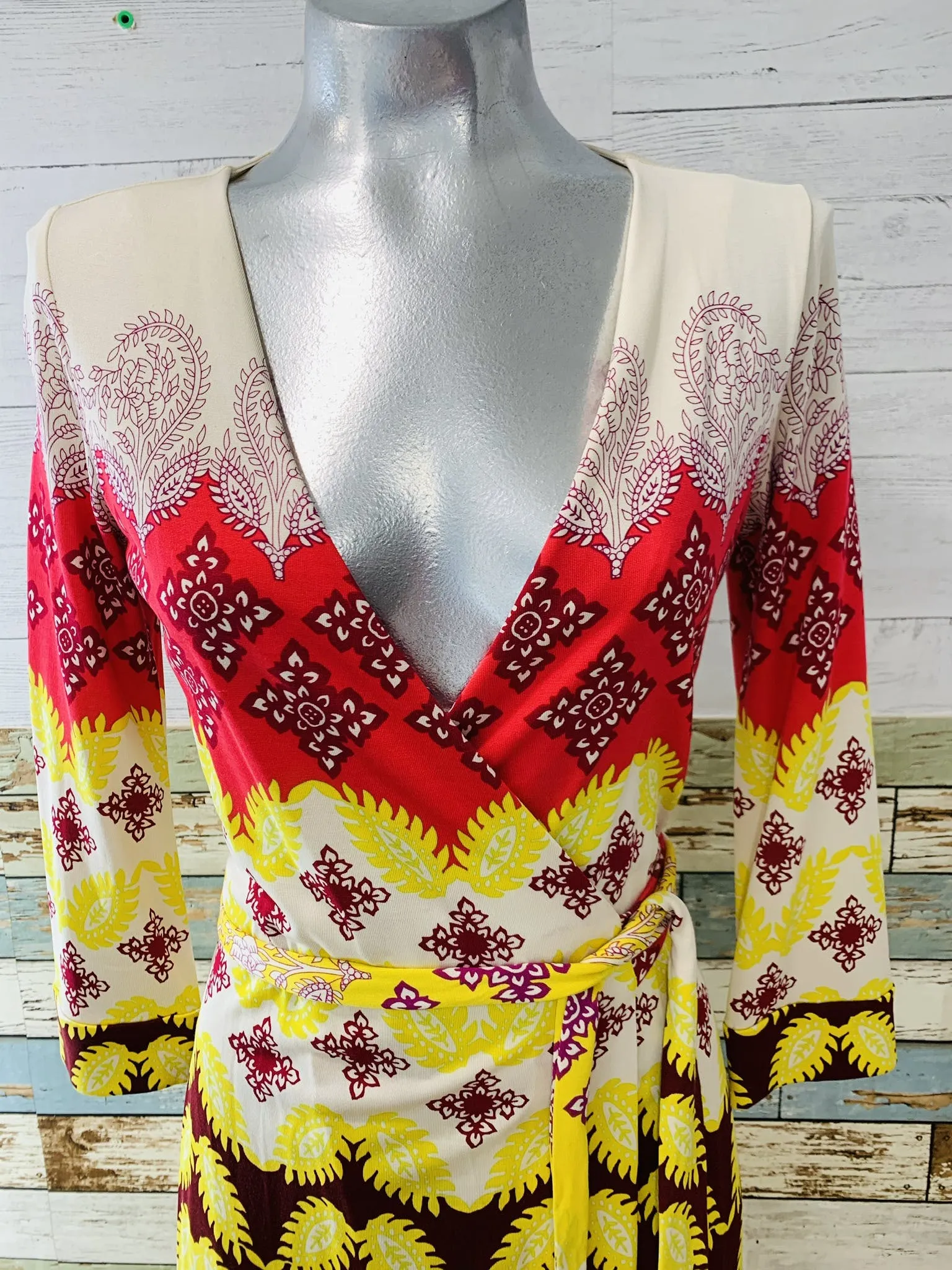 00's Long Sleeve Wrap Print Silk Dress by Diane Von Furstenberg