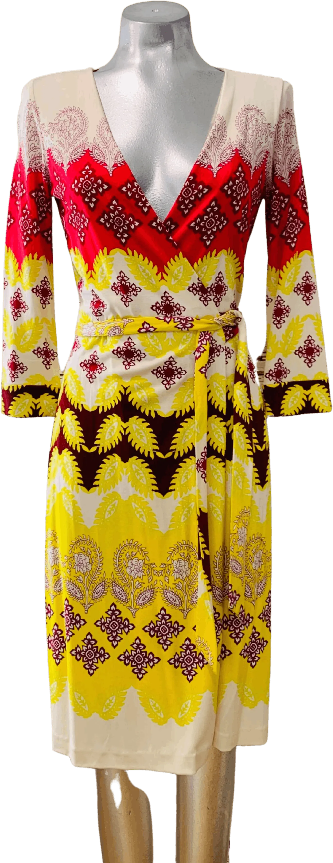 00's Long Sleeve Wrap Print Silk Dress by Diane Von Furstenberg