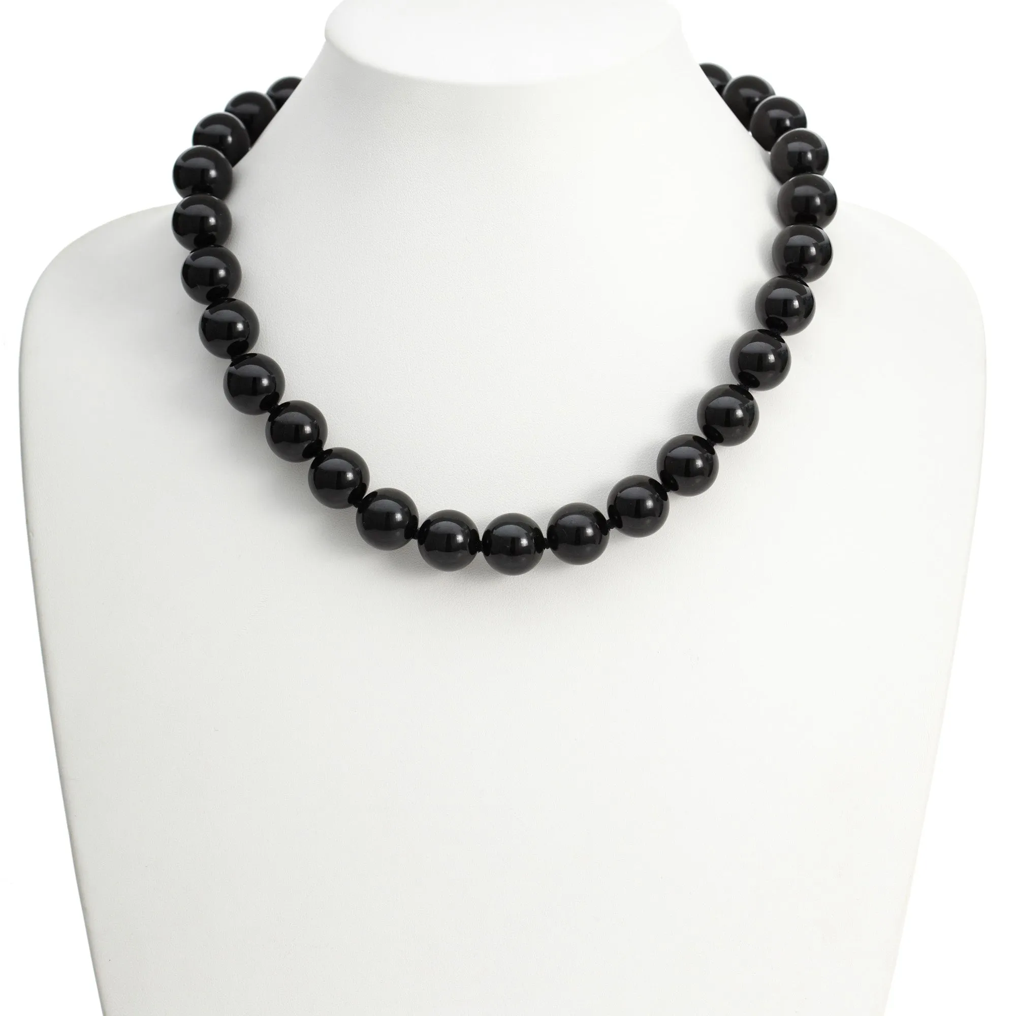 12mm Black Nephrite Jade Bead Necklace, 18"