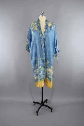 1920s - 1930s Vintage Silk Kimono Robe / Art Deco Flapper / Sky Blue and Yellow Floral Print