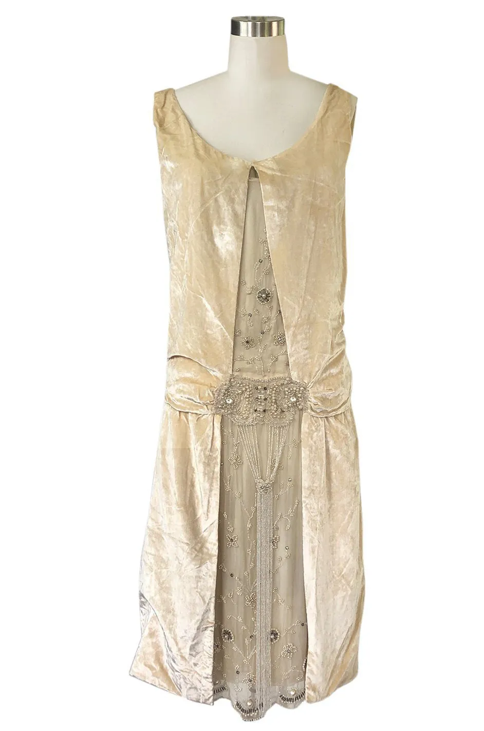 1920s Gold Ivory Silk Velvet & Silk Chiffon Pearl Flower Beaded Dress