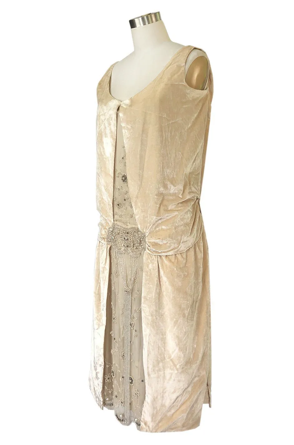 1920s Gold Ivory Silk Velvet & Silk Chiffon Pearl Flower Beaded Dress