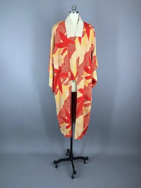 1930s Vintage Silk Kimono Robe / Red Shibori Leaves