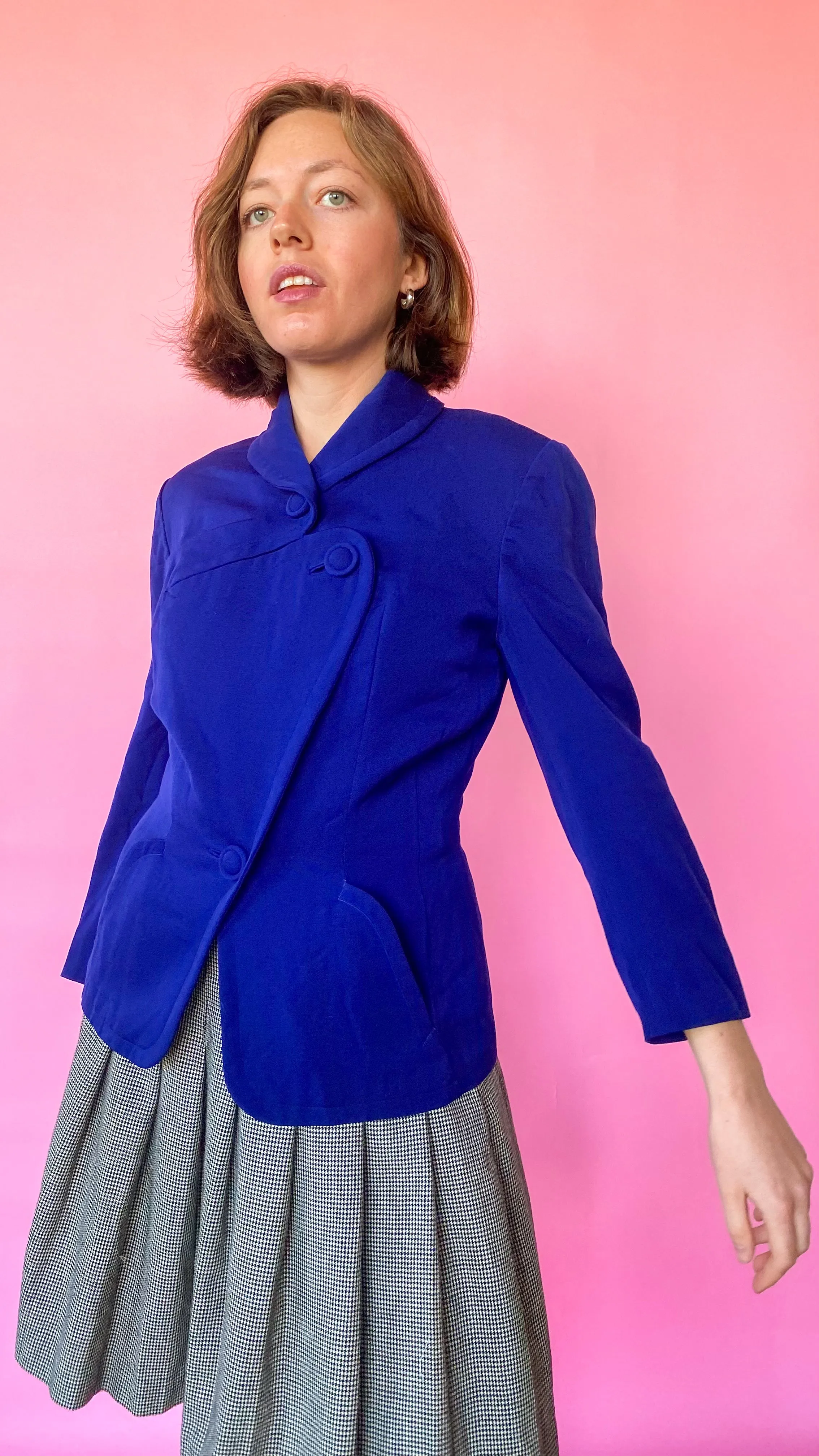 1940s Navy Blue Cross-front Fitted Jacket, sz. S