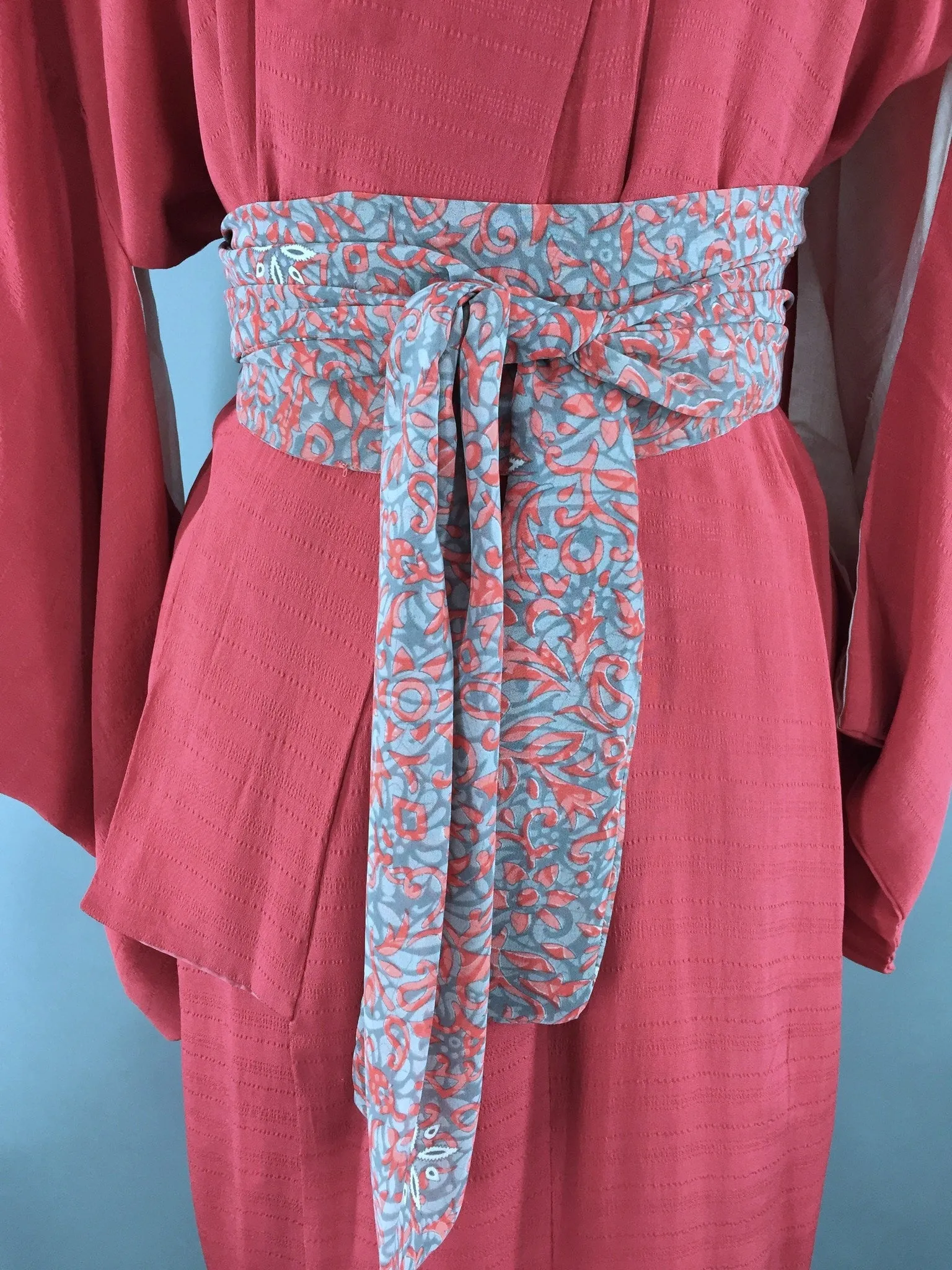 1950s Vintage Silk Kimono Robe in Light Brick Red