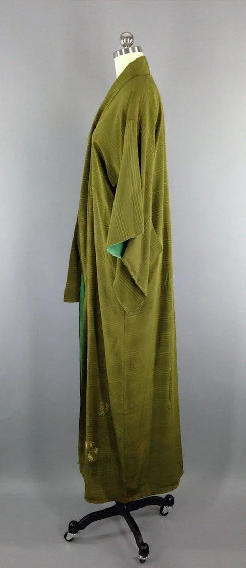 1950s Vintage Silk Kimono Robe / Olive Green