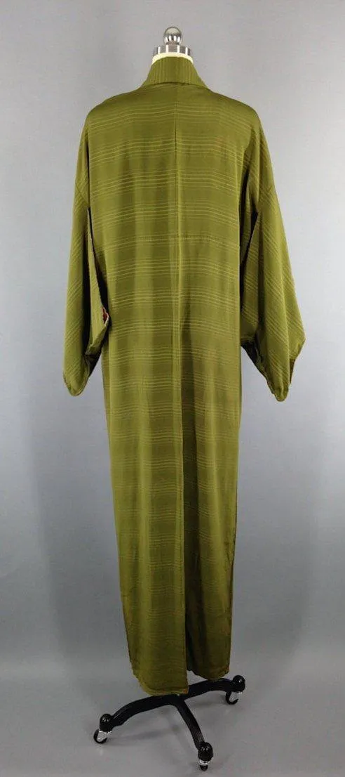 1950s Vintage Silk Kimono Robe / Olive Green