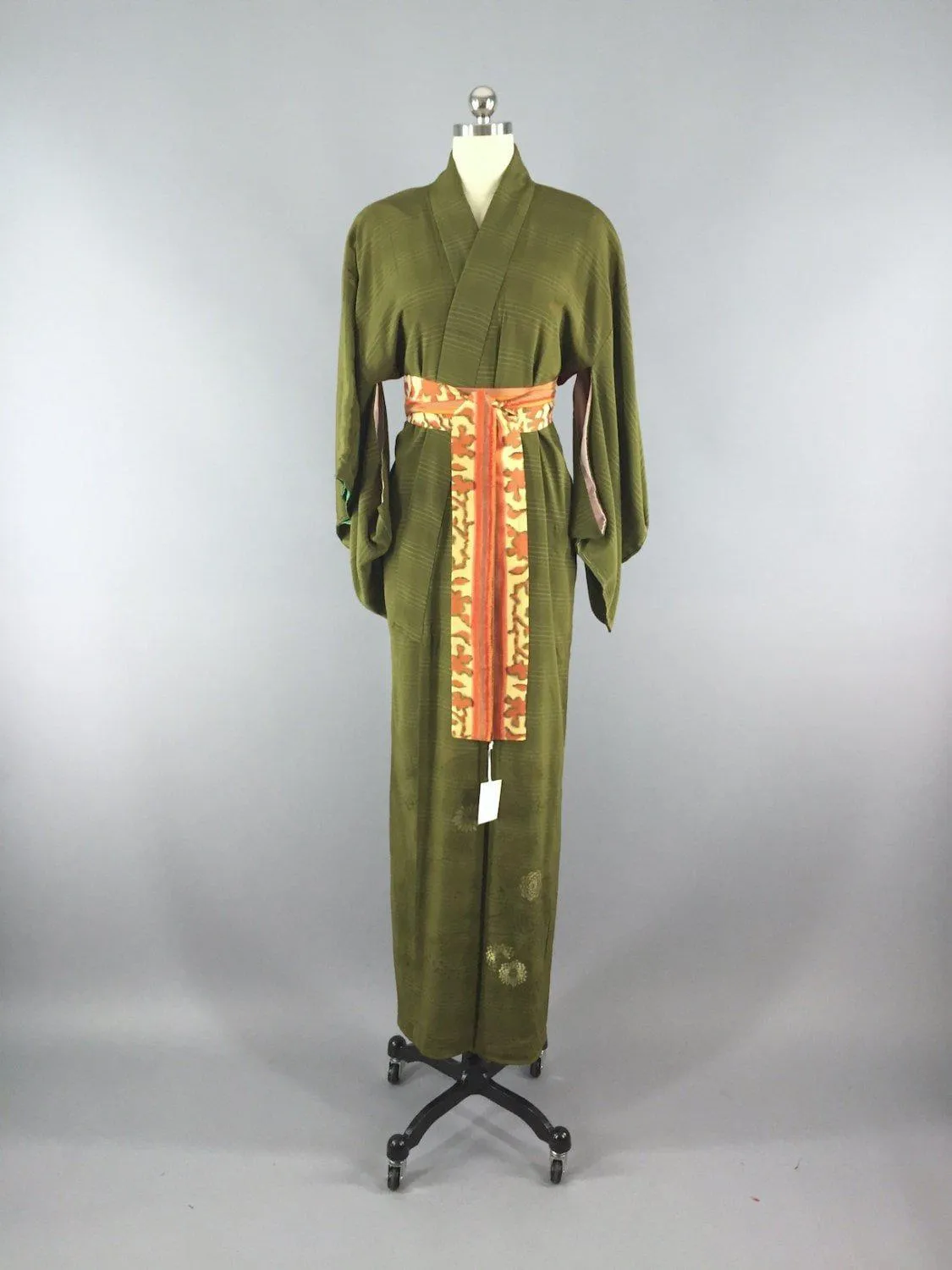 1950s Vintage Silk Kimono Robe / Olive Green