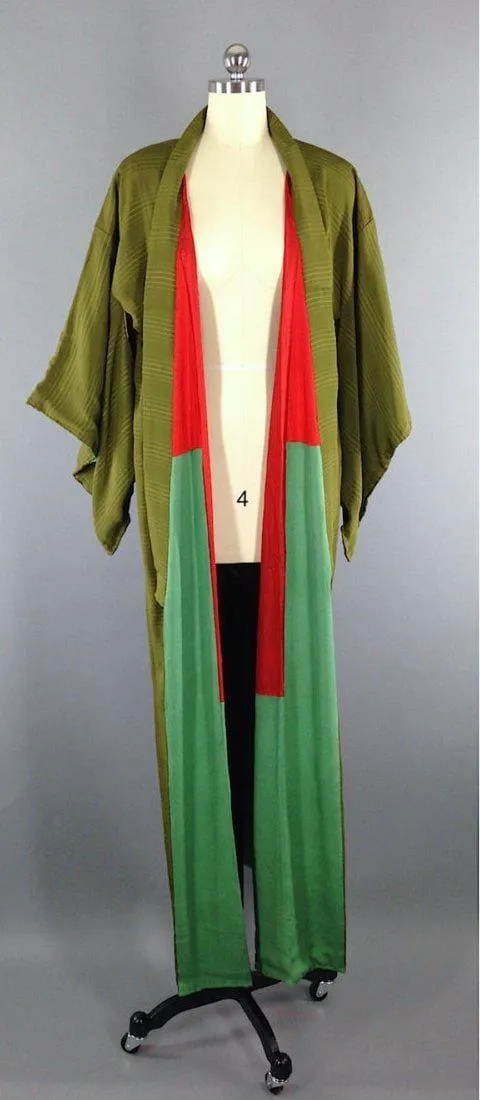 1950s Vintage Silk Kimono Robe / Olive Green