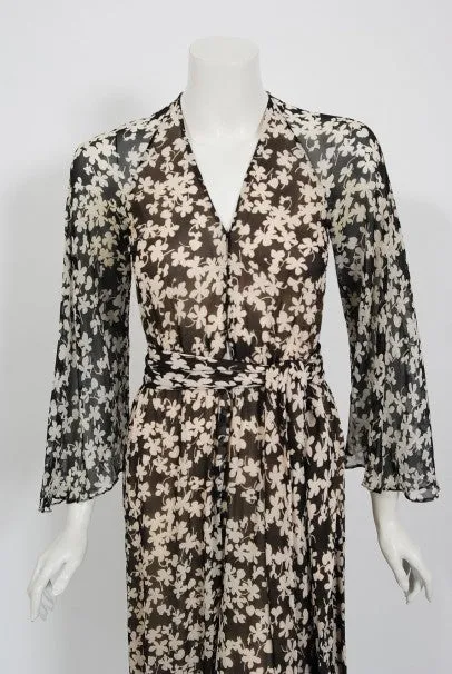 1975 Halston Couture Black & Ivory Clover Print Silk Bell-Sleeve Belted Jumpsuit