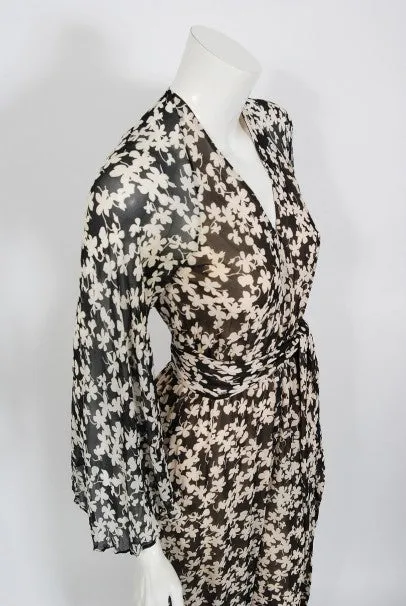 1975 Halston Couture Black & Ivory Clover Print Silk Bell-Sleeve Belted Jumpsuit