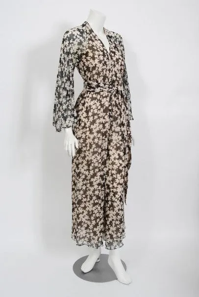 1975 Halston Couture Black & Ivory Clover Print Silk Bell-Sleeve Belted Jumpsuit