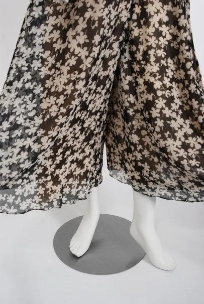 1975 Halston Couture Black & Ivory Clover Print Silk Bell-Sleeve Belted Jumpsuit