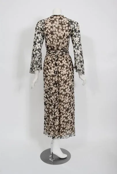 1975 Halston Couture Black & Ivory Clover Print Silk Bell-Sleeve Belted Jumpsuit