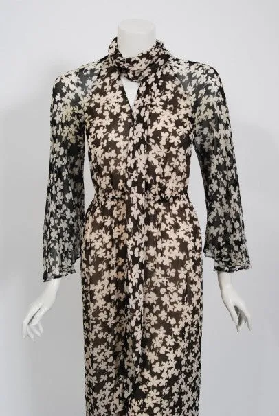 1975 Halston Couture Black & Ivory Clover Print Silk Bell-Sleeve Belted Jumpsuit