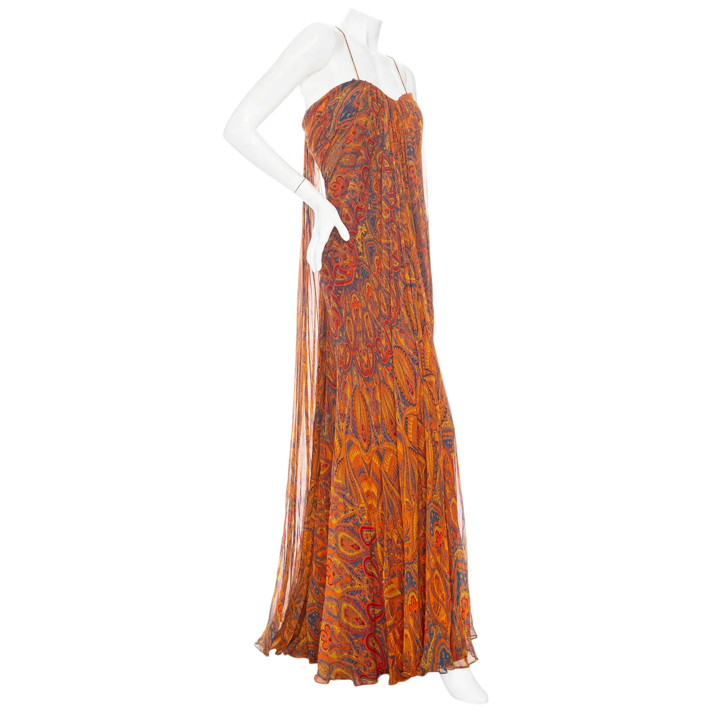 2008 Orange Silk Multicolored Paisley Print Draped Gown