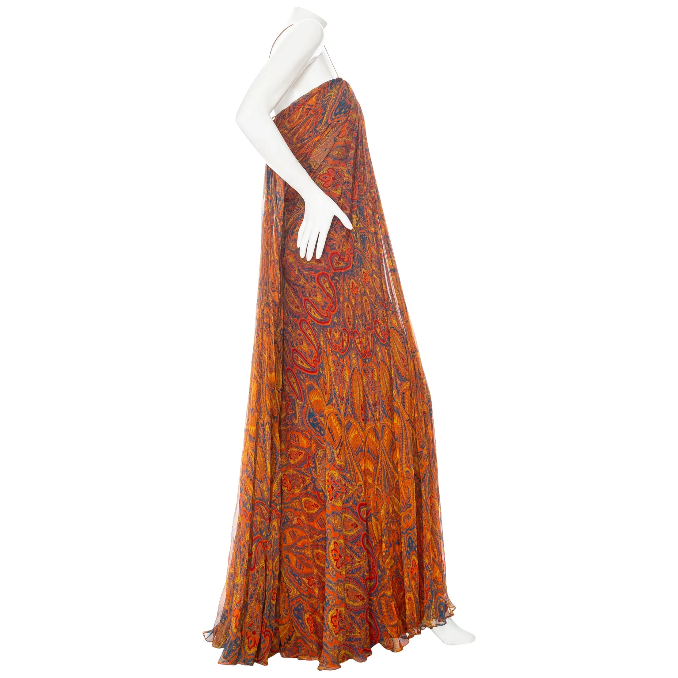 2008 Orange Silk Multicolored Paisley Print Draped Gown