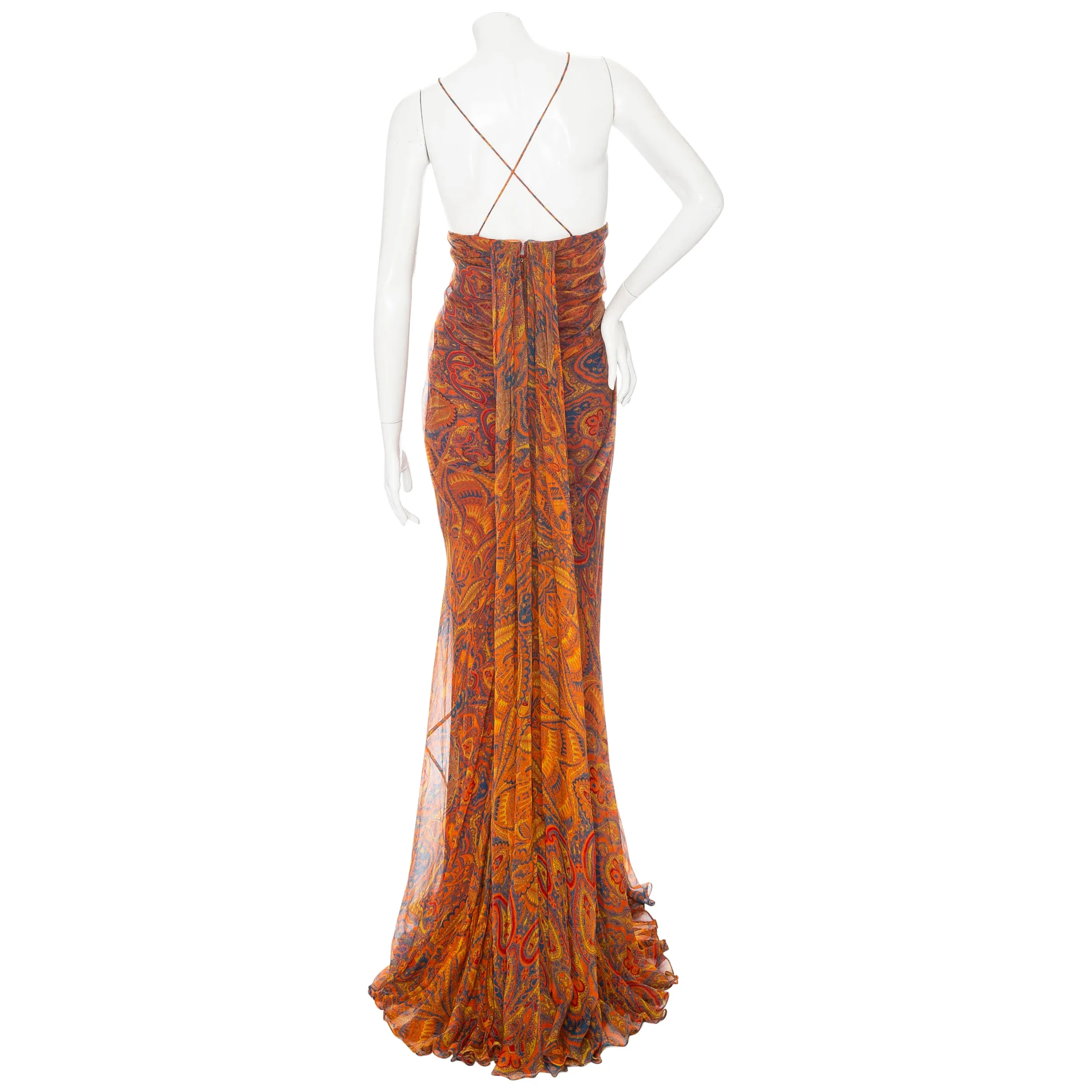 2008 Orange Silk Multicolored Paisley Print Draped Gown