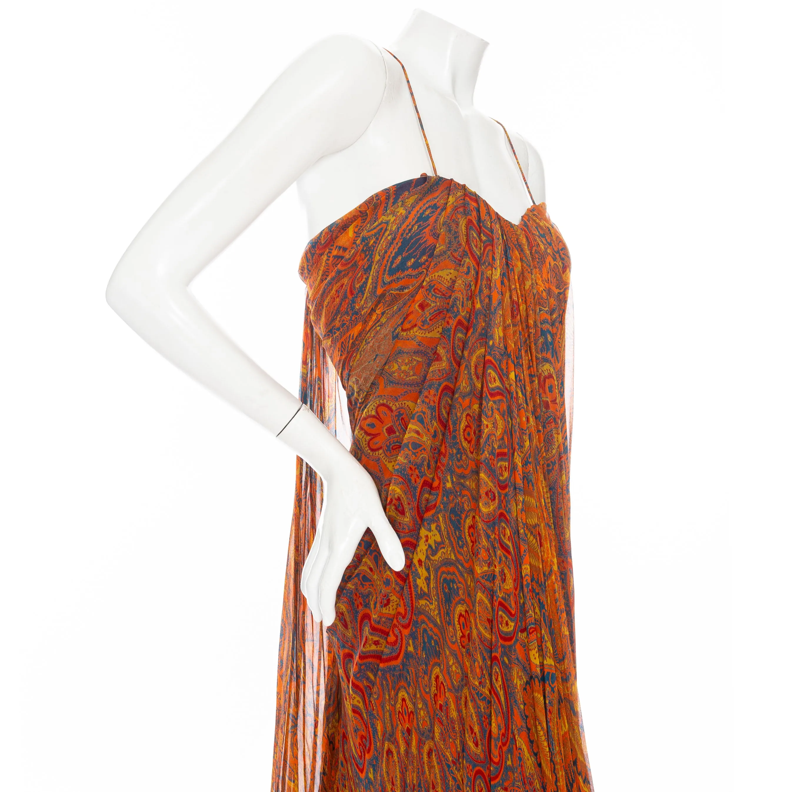 2008 Orange Silk Multicolored Paisley Print Draped Gown