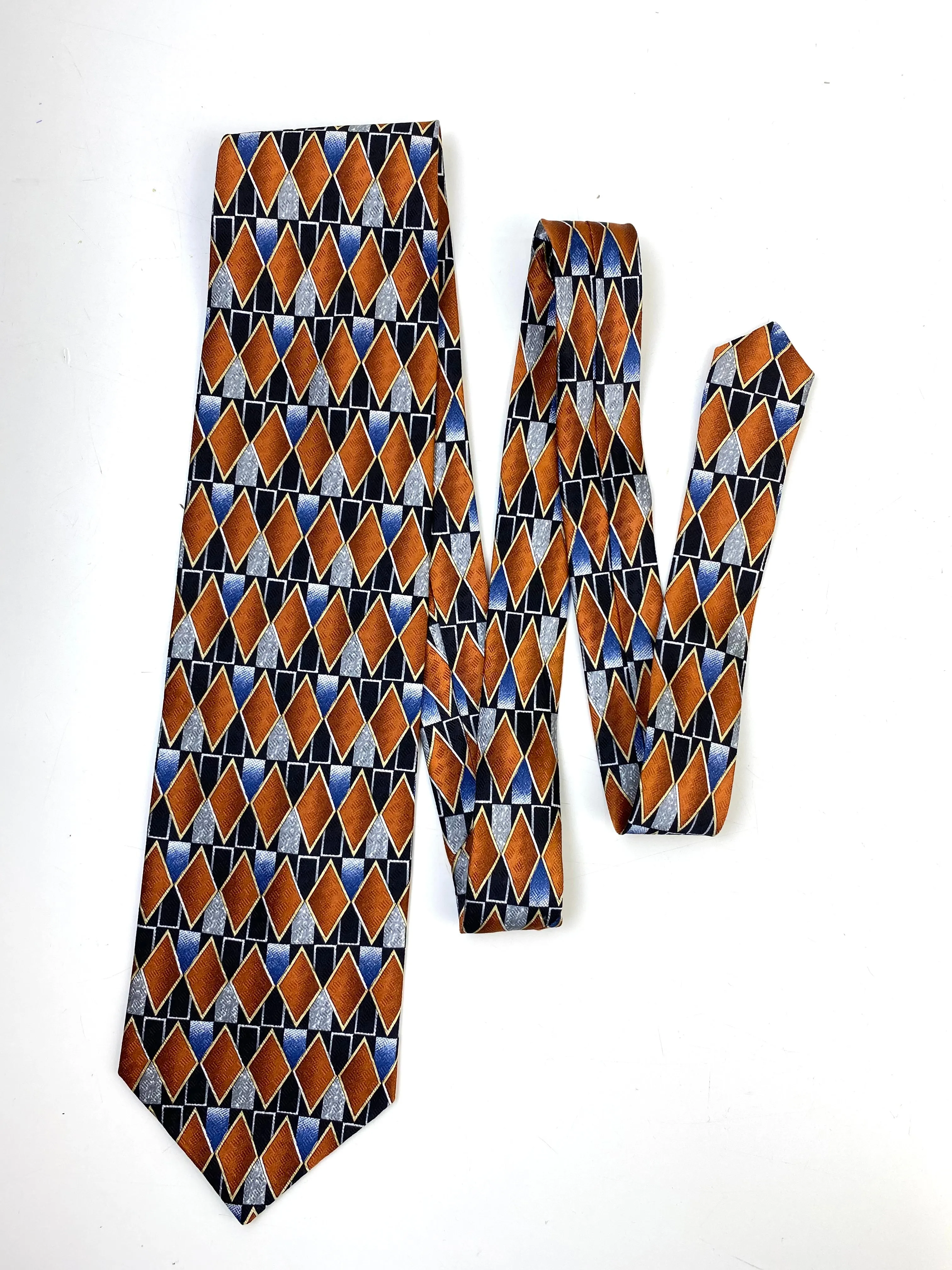 90s Deadstock Silk Necktie, Men's Vintage Black/ Brown/ Blue Geometric Pattern Tie, NOS