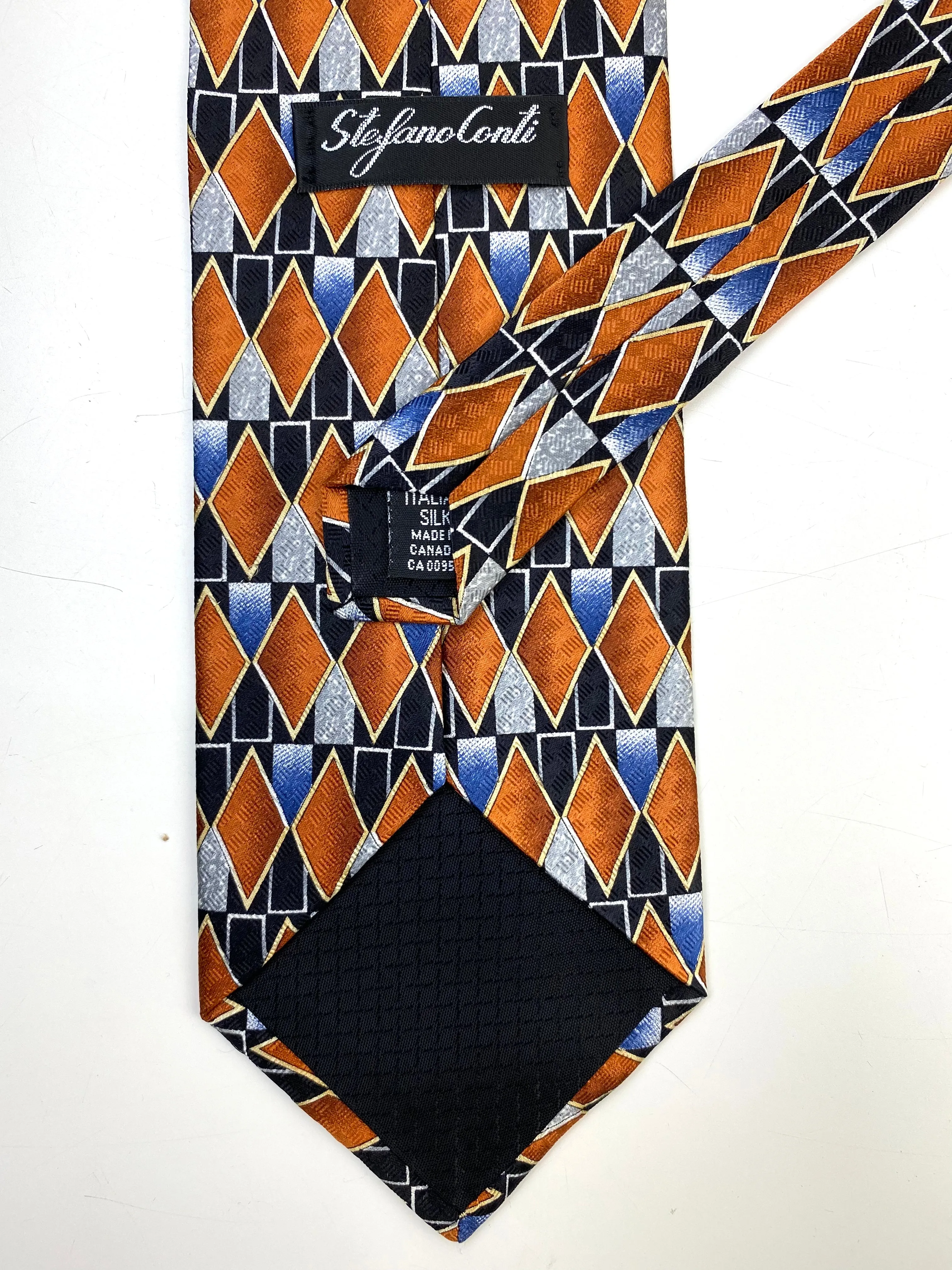 90s Deadstock Silk Necktie, Men's Vintage Black/ Brown/ Blue Geometric Pattern Tie, NOS