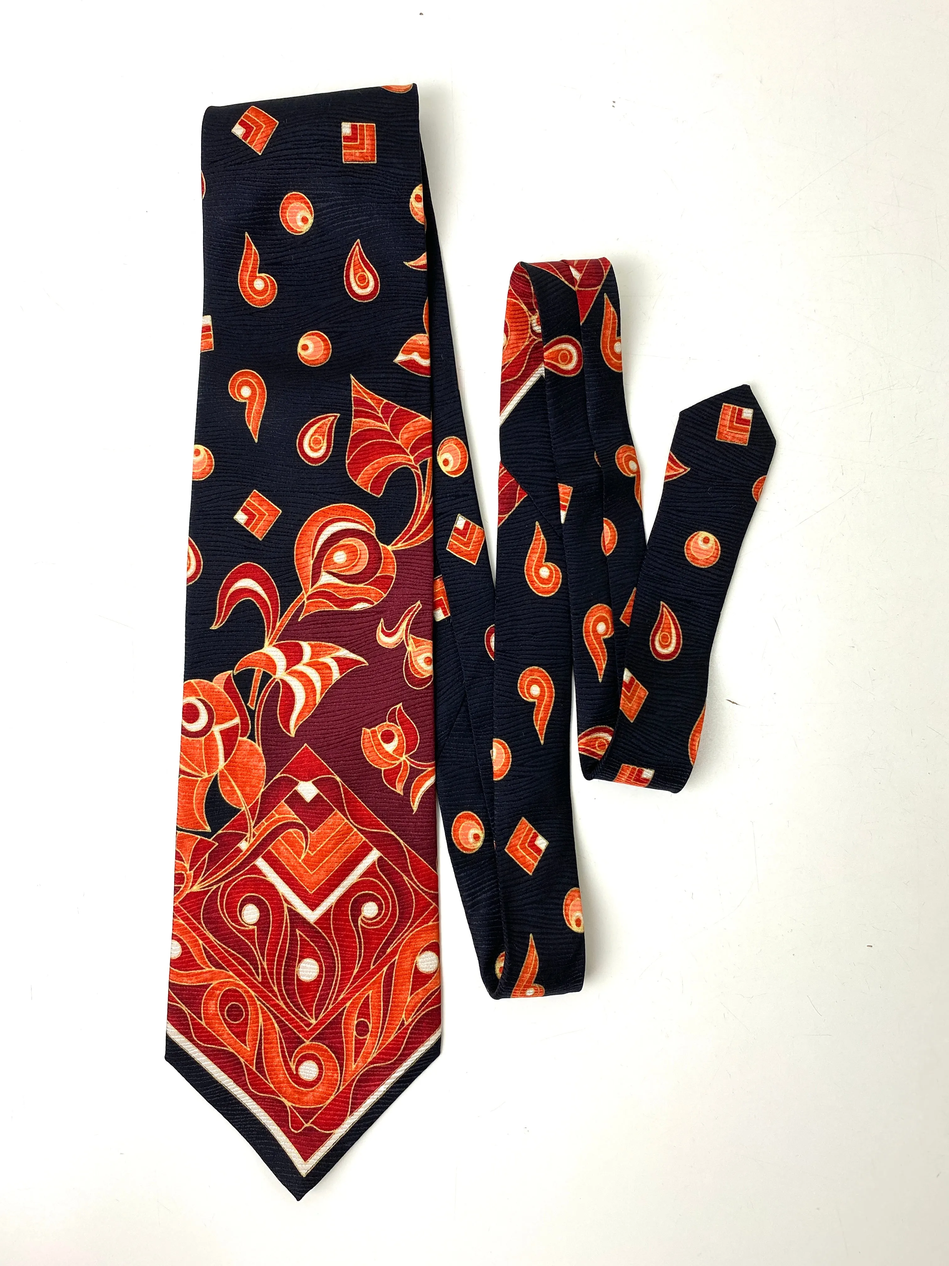 90s Deadstock Silk Necktie, Men's Vintage Black/ Red/ Orange Paisley Print Tie, NOS