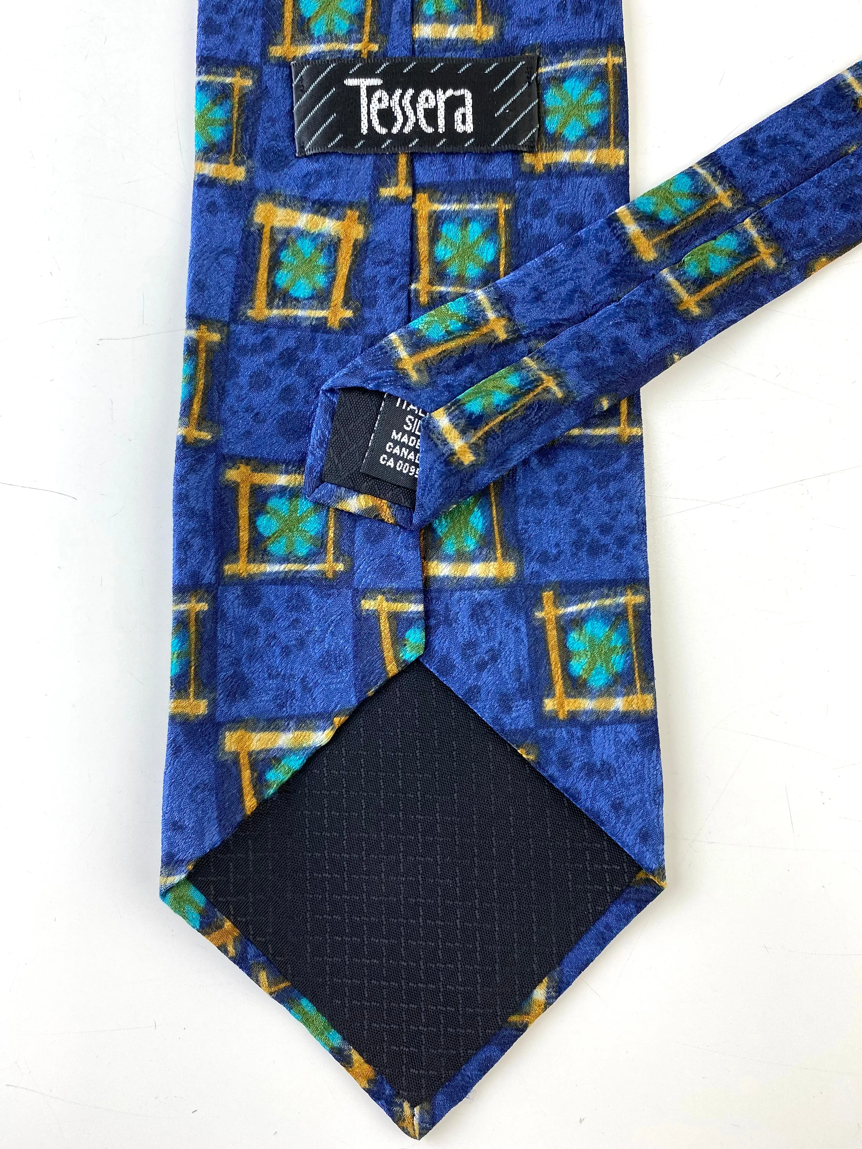 90s Deadstock Silk Necktie, Men's Vintage Blue/ Gold Medallion Pattern Tie, NOS