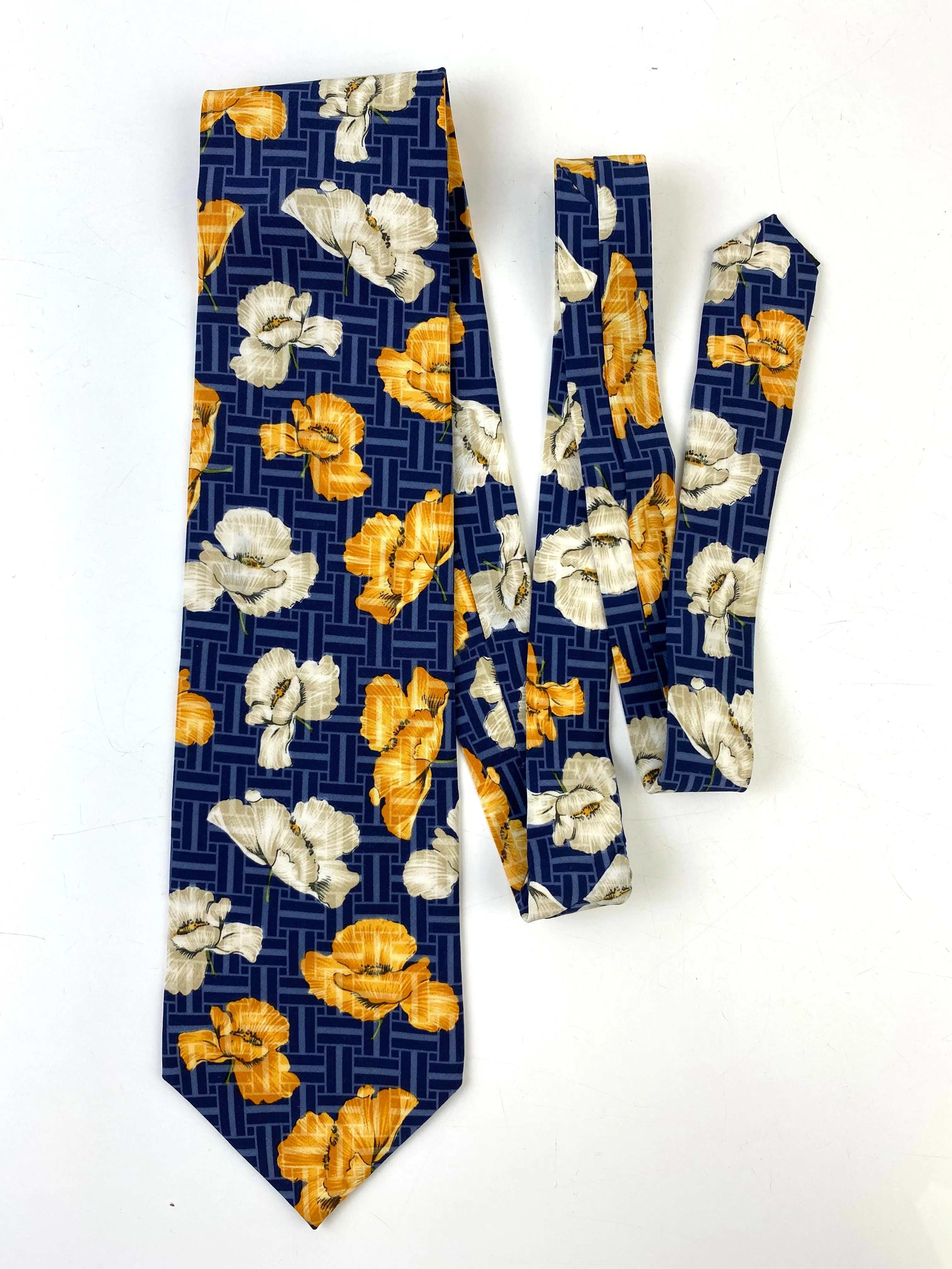 90s Deadstock Silk Necktie, Men's Vintage Blue Yellow White Floral Basketweave Pattern Tie, NOS