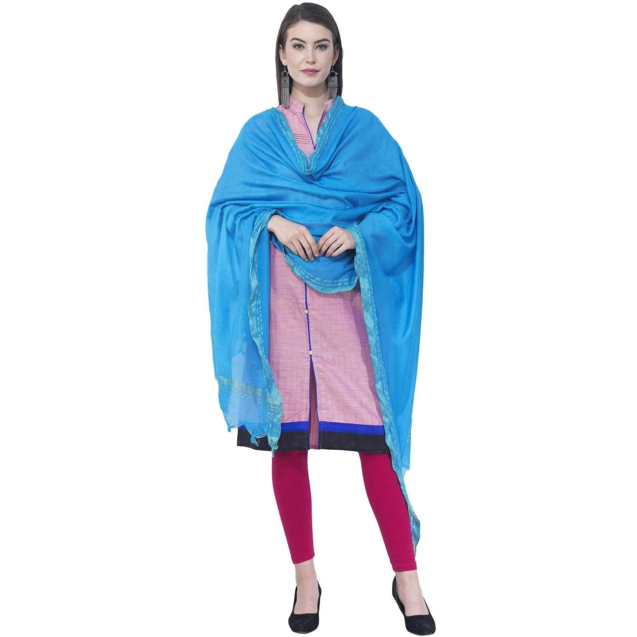 A R Silk Dark Sky Blue Color Golden Border Cotton Dupatta