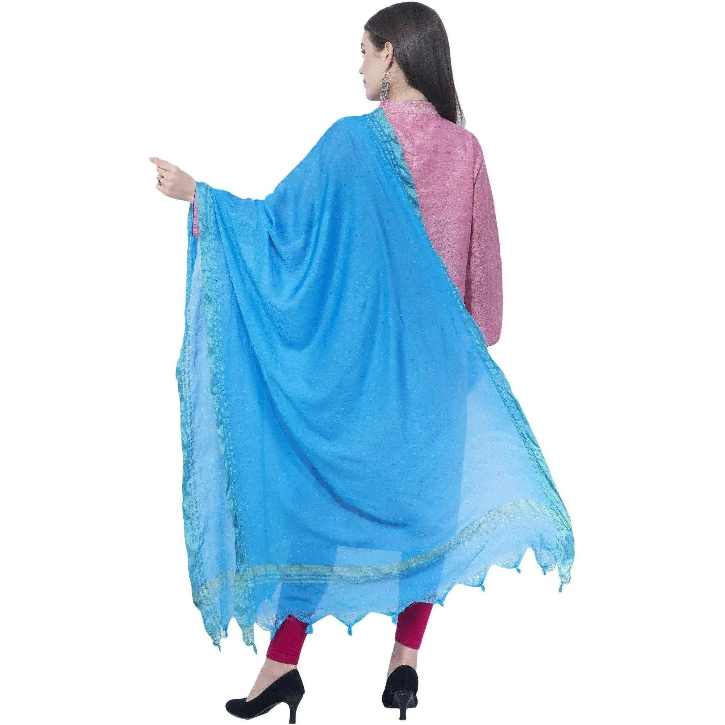 A R Silk Dark Sky Blue Color Golden Border Cotton Dupatta