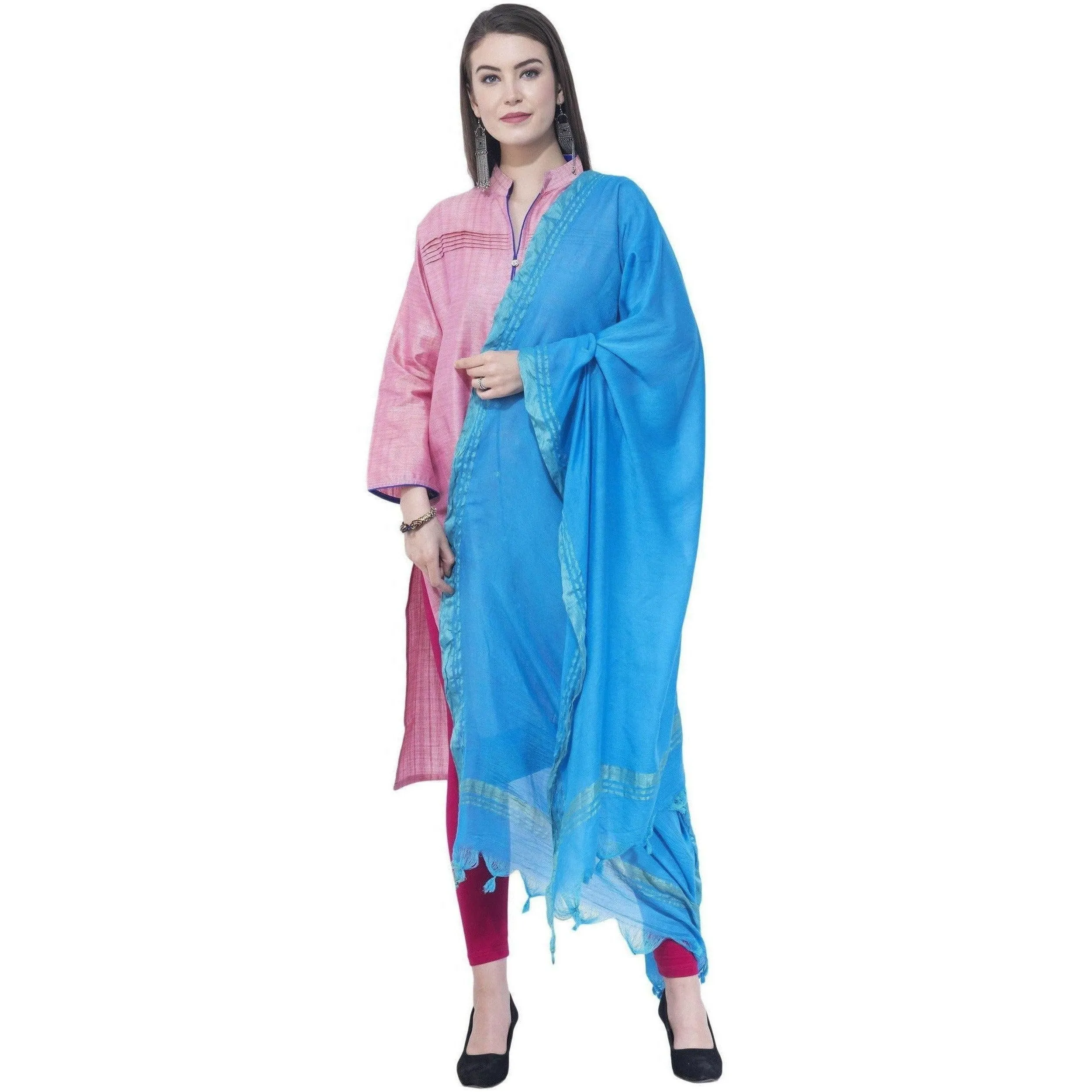 A R Silk Dark Sky Blue Color Golden Border Cotton Dupatta