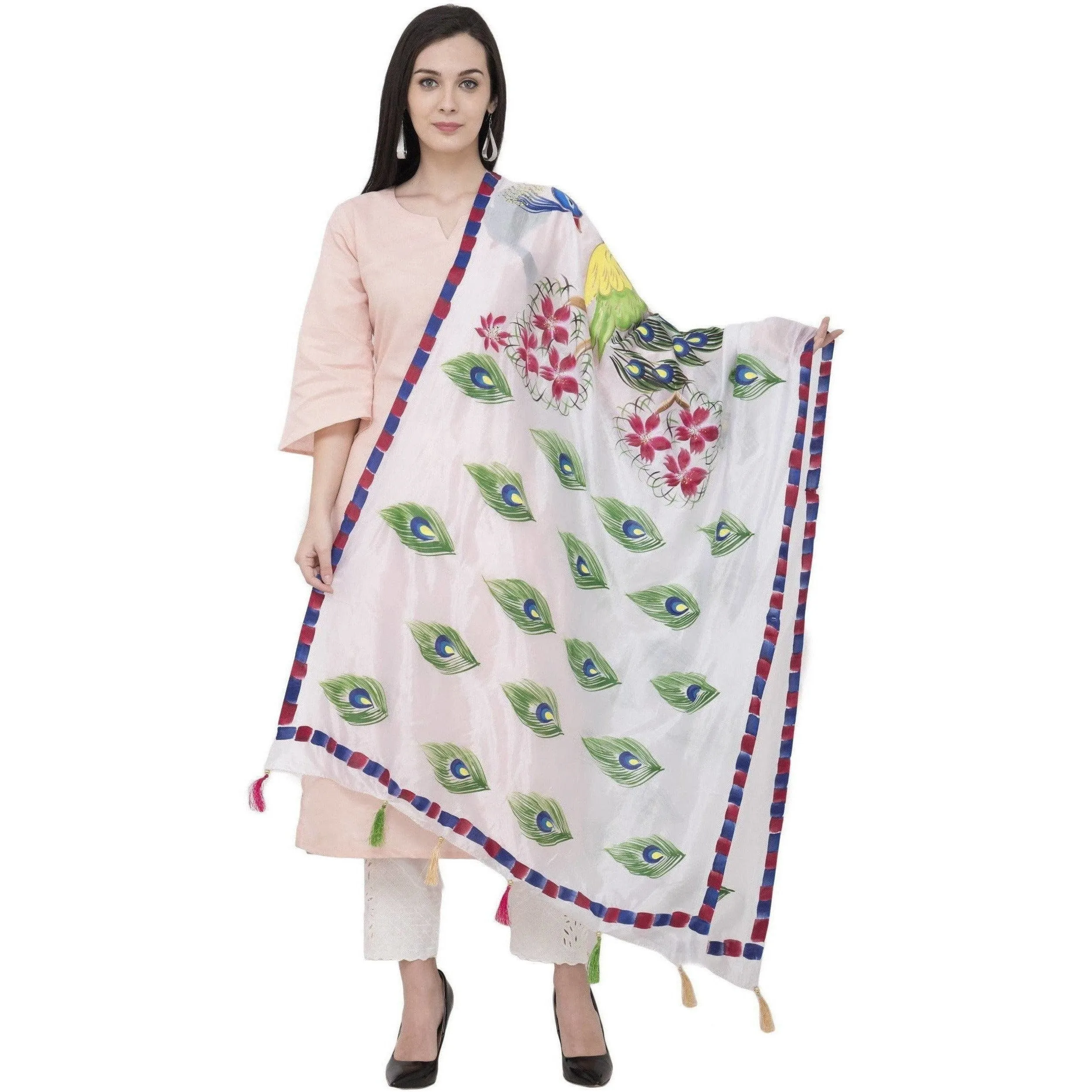 A R Silk Silk Peacock Multi Fancy Dupatta Color White Dupatta or Chunni