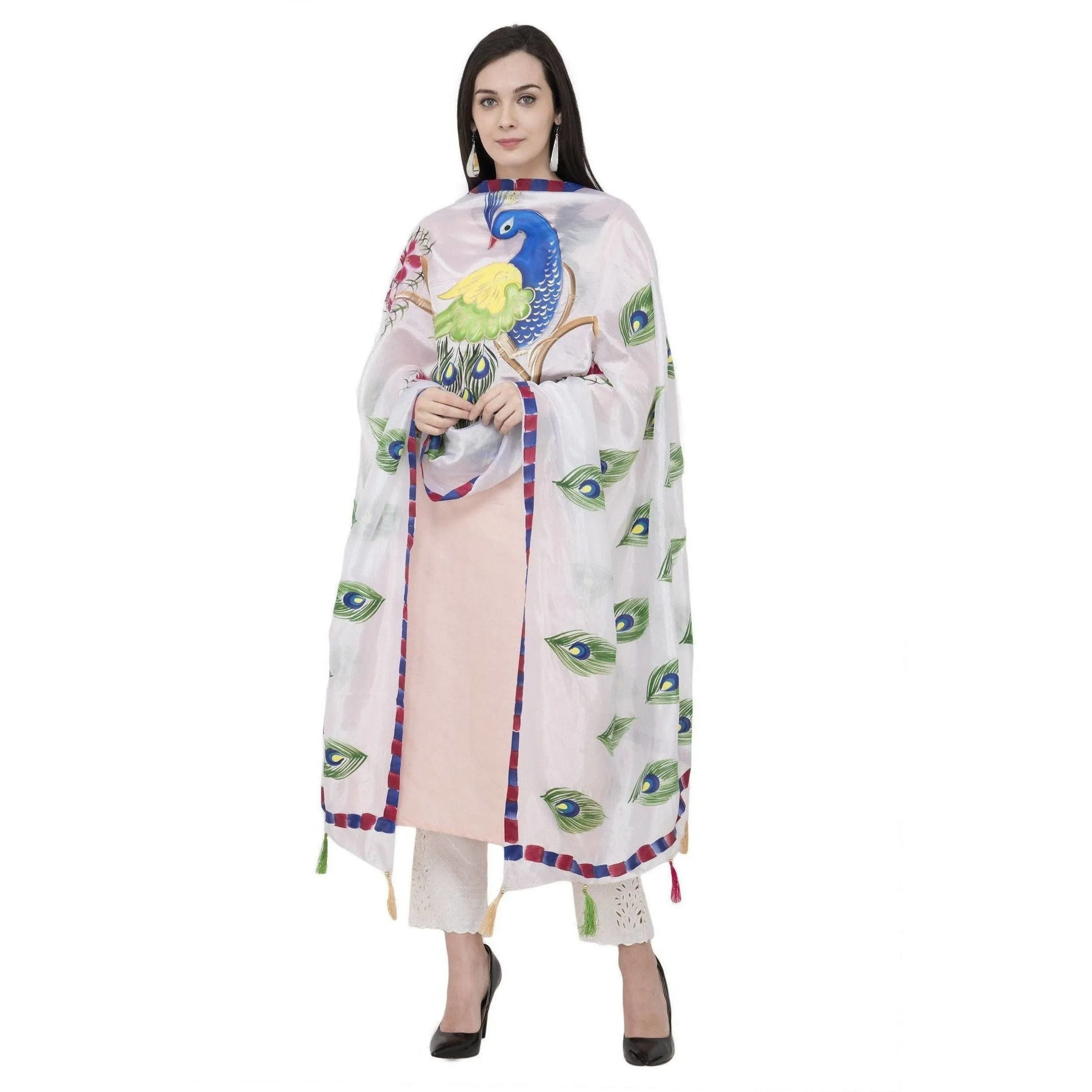 A R Silk Silk Peacock Multi Fancy Dupatta Color White Dupatta or Chunni