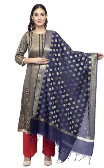 A R Silk Women's Chanderi Zari Embroidery Navy Blue Fancy Dupatta