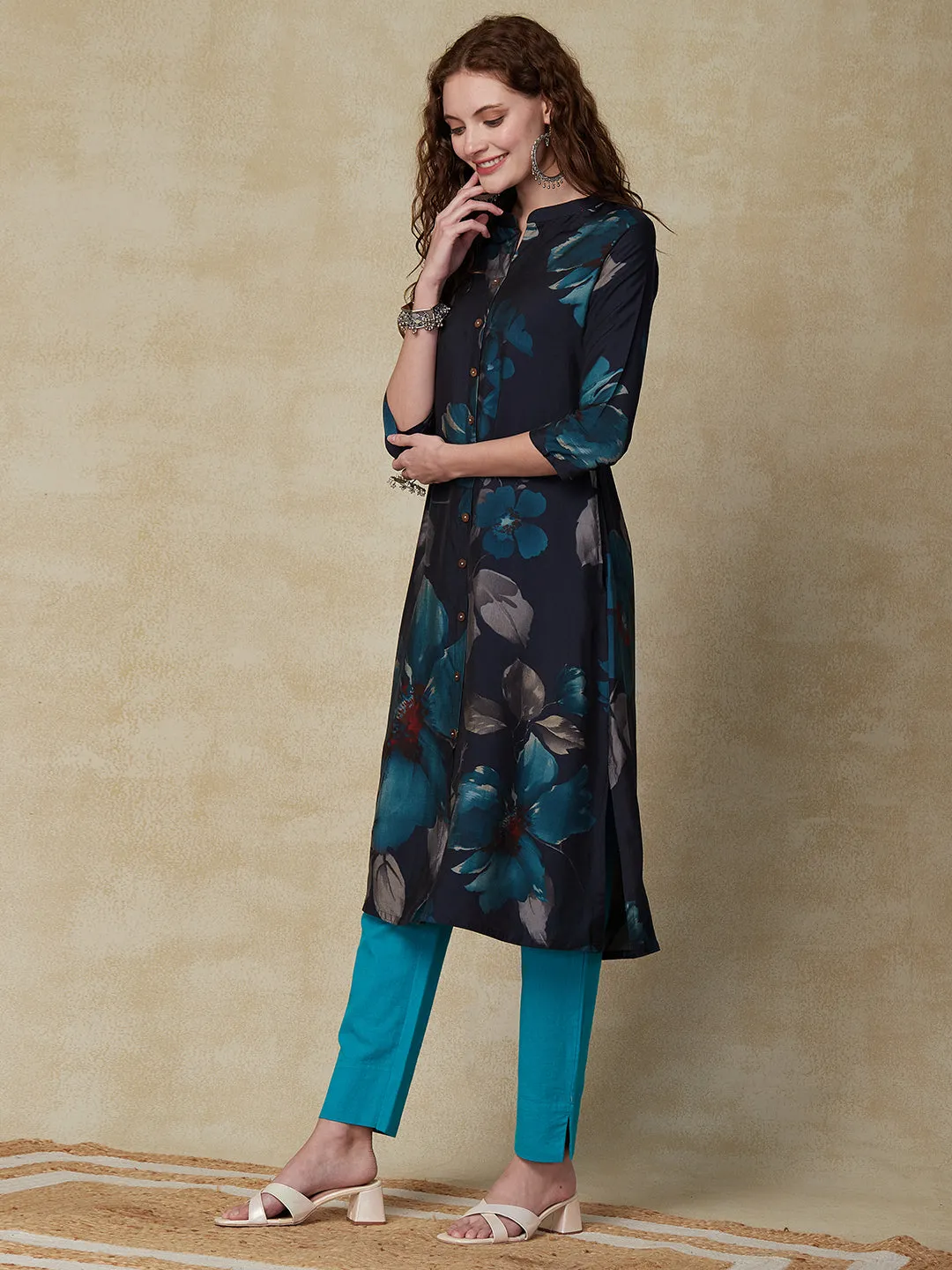 Abstract Floral Printed A-Line Kurta - Navy Blue