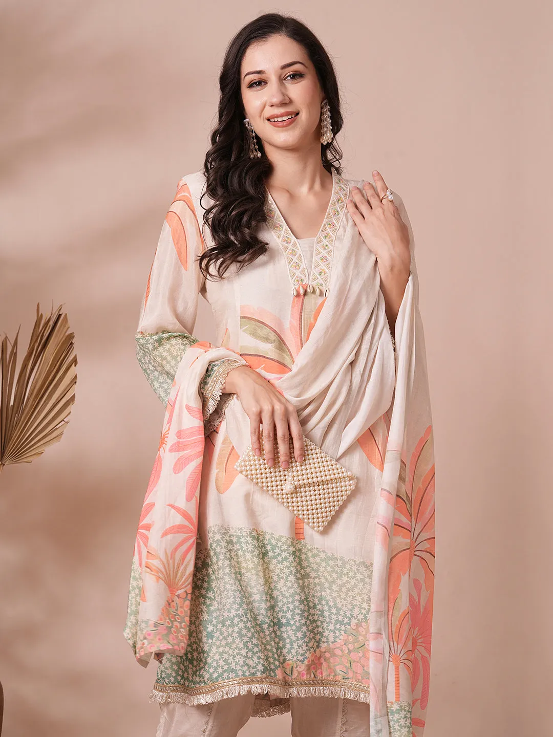 Abstract Floral Printed A-Line Paneled Kurta with Pant and Dupatta - Off White