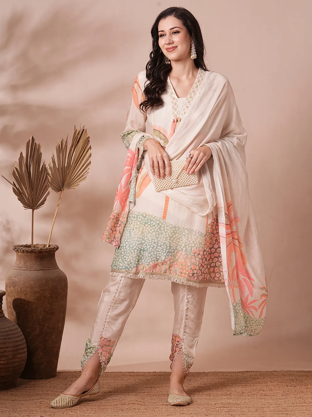 Abstract Floral Printed A-Line Paneled Kurta with Pant and Dupatta - Off White