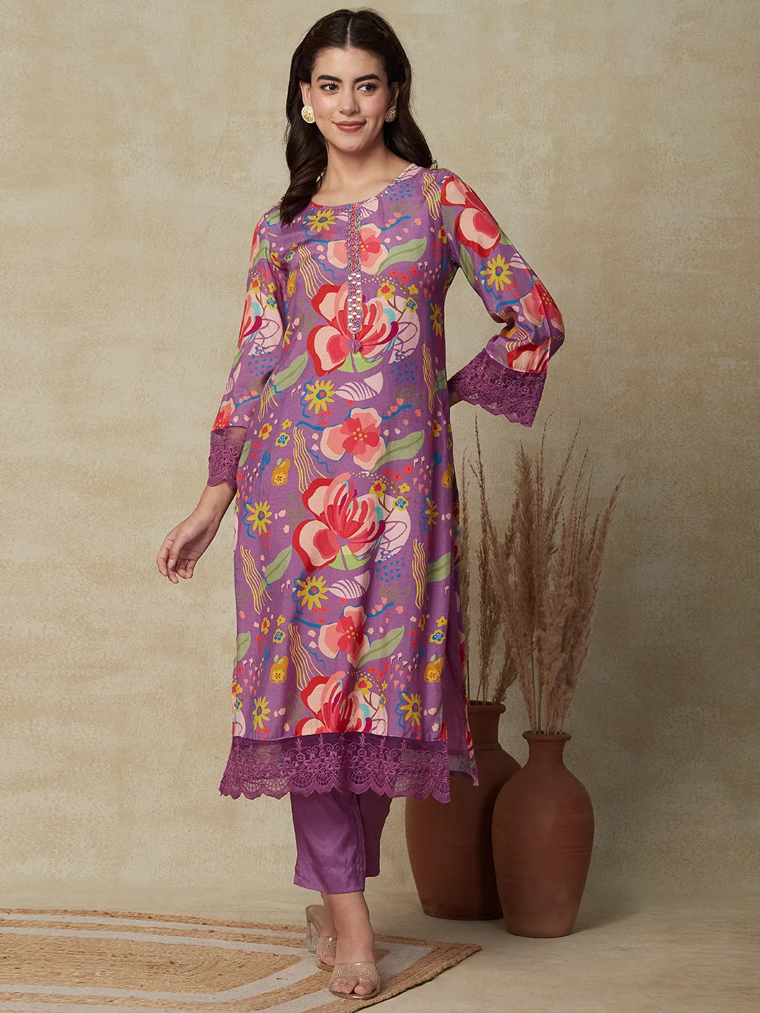 Abstract Floral Printed & Embroidered Kurta with Pant & Dupatta - Purple