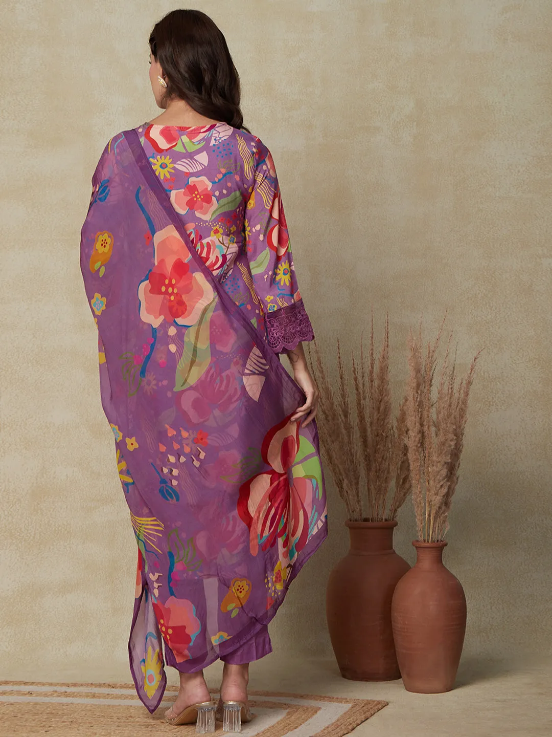 Abstract Floral Printed & Embroidered Kurta with Pant & Dupatta - Purple