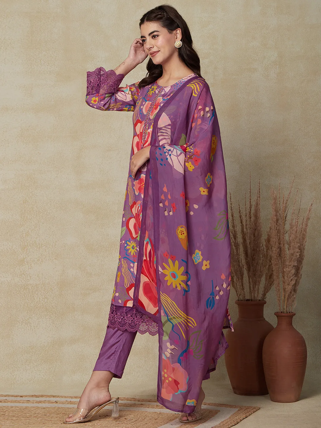 Abstract Floral Printed & Embroidered Kurta with Pant & Dupatta - Purple