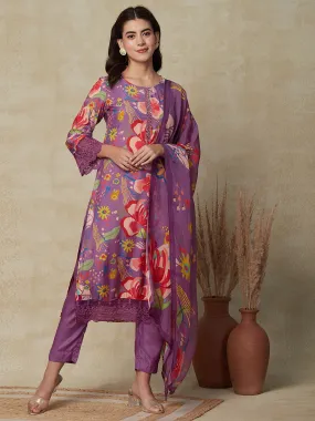 Abstract Floral Printed & Embroidered Kurta with Pant & Dupatta - Purple