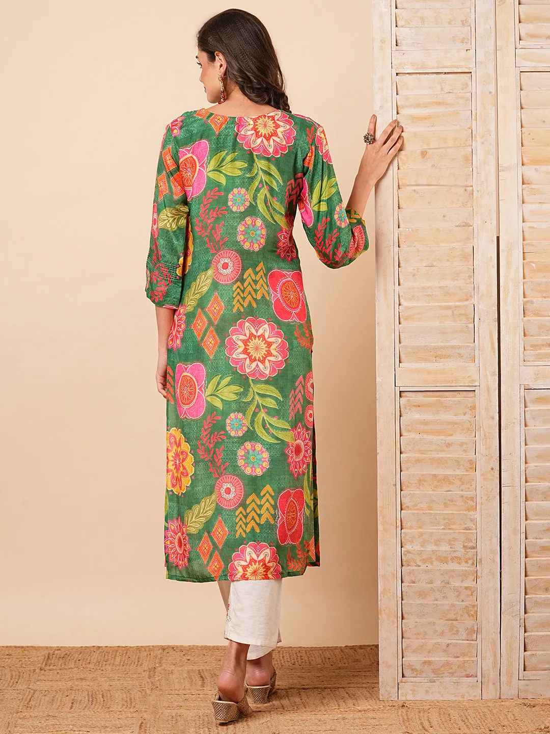 Abstract Floral Printed & Embroidered Straight Fit Kurta - Green