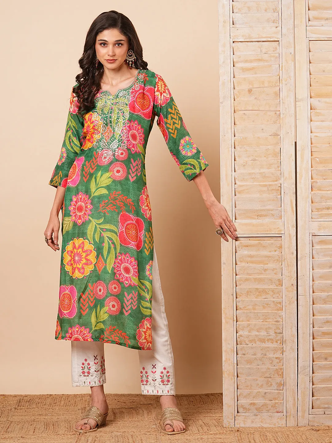 Abstract Floral Printed & Embroidered Straight Fit Kurta - Green