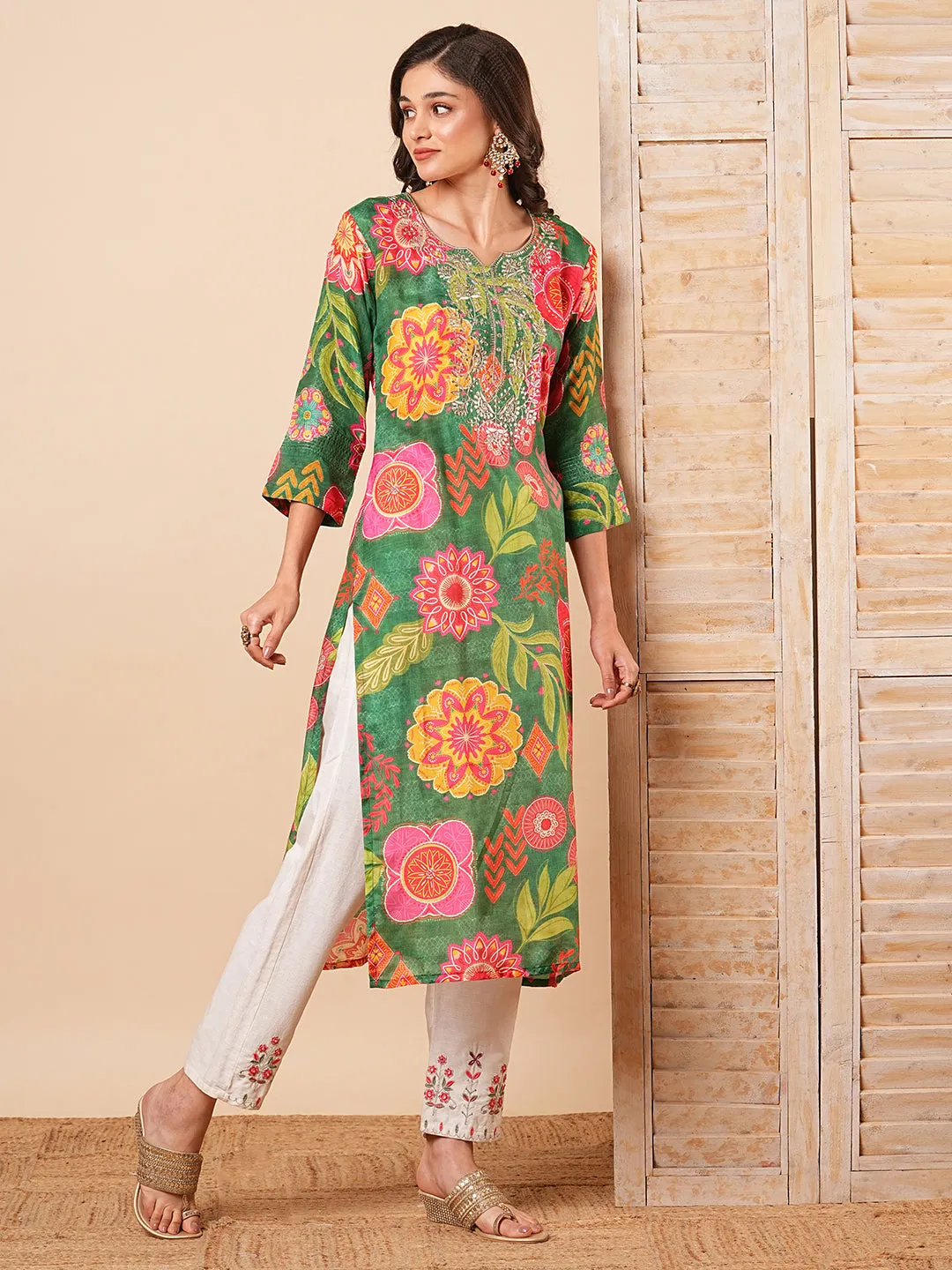 Abstract Floral Printed & Embroidered Straight Fit Kurta - Green