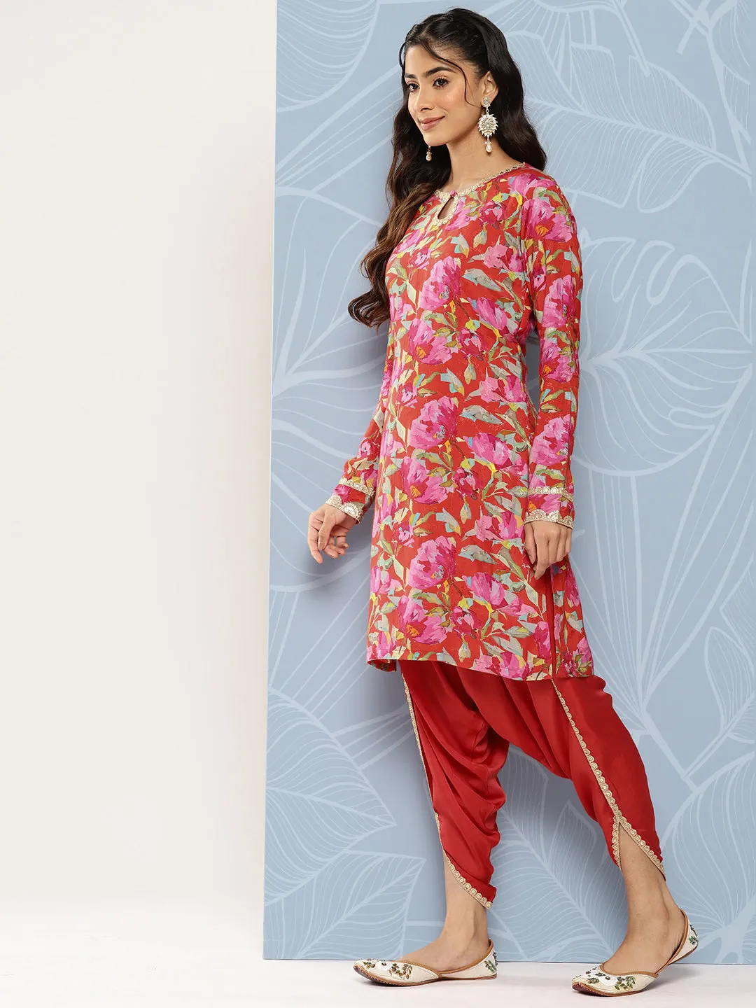 Abstract Floral Printed & Embroidered Straight Kurta with Dhoti Pant - Red