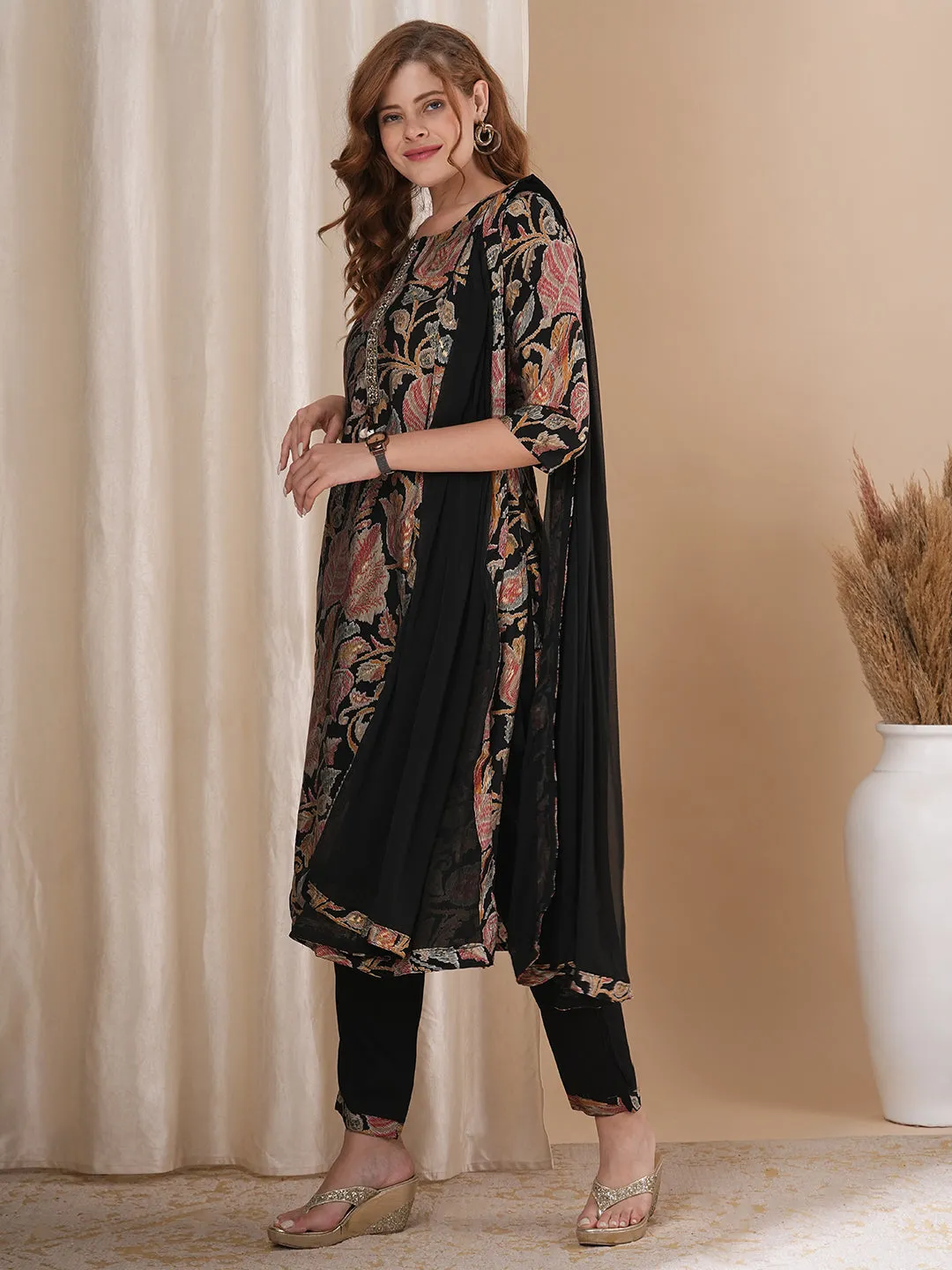 Abstract Floral Printed & Embroidered Straight Kurta with Pant & Dupatta - Black