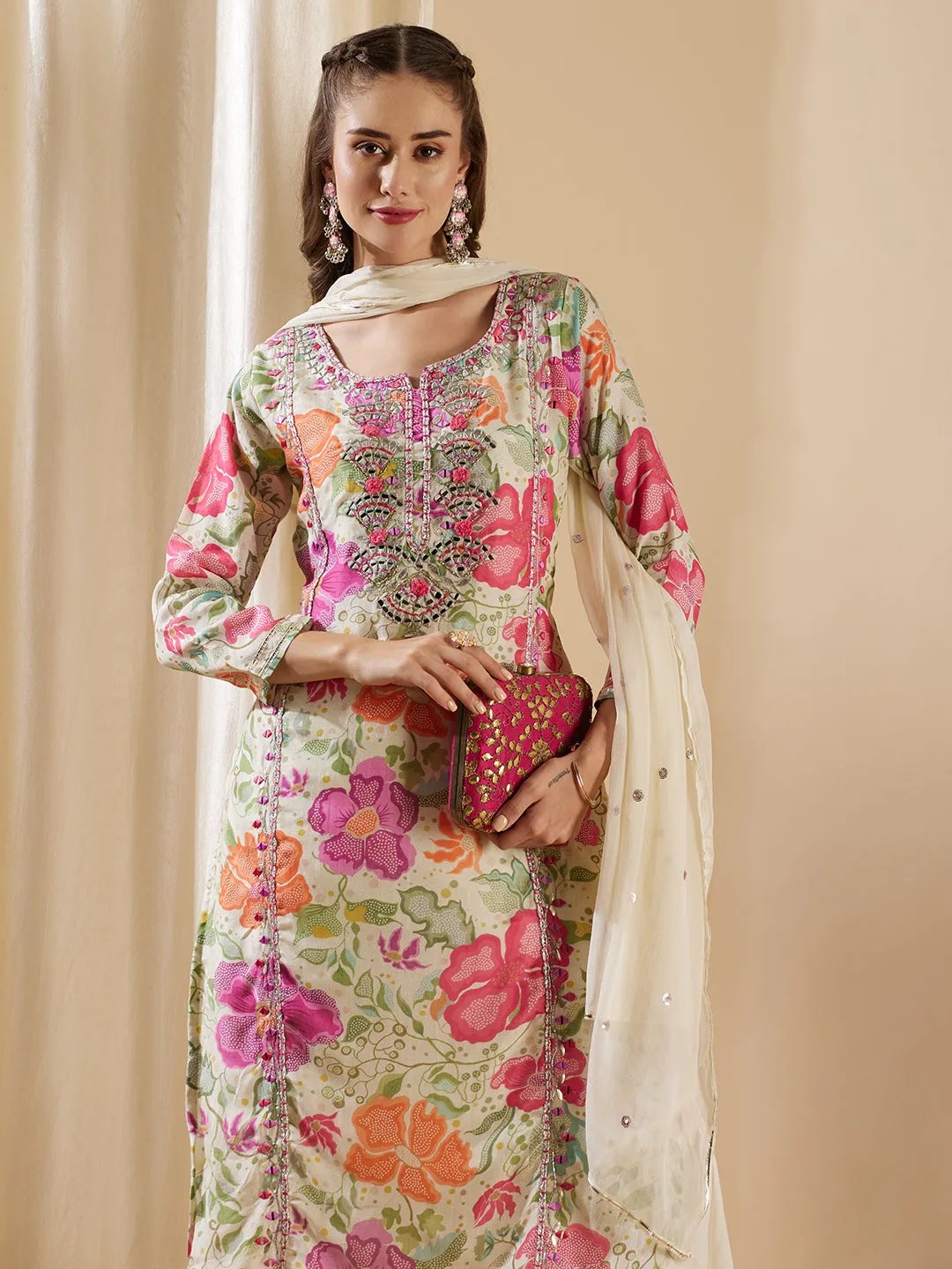 Abstract Floral Printed & Mirror Embroidered Kurta with Sharara & Dupatta - Pastel Green