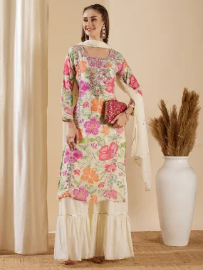 Abstract Floral Printed & Mirror Embroidered Kurta with Sharara & Dupatta - Pastel Green