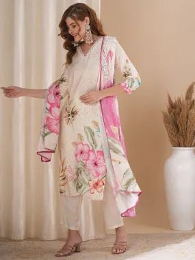 Abstract Floral Printed Straight Fit Kurta with Pant and Printed Dupatta - Cream