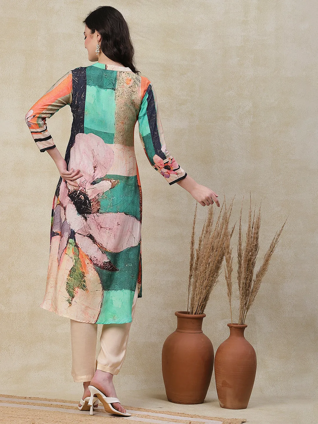 Abstract Floral Printed Straight High Low Kurta with Pant - Multi